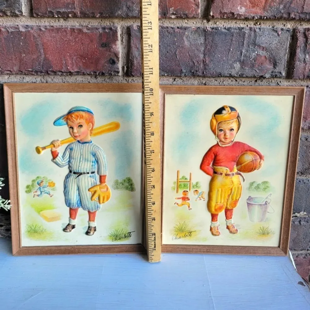 Pair of 1950's Metalcraft Framed 3D Baseball & Football Prints ⚾ 🏈 - Picture 8 of 14